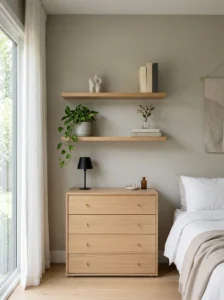 Modern bedroom with floating shelves styled with books, greenery, and simple decor.