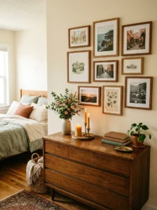 : Personal gallery wall adding warmth to a romantic bedroom.