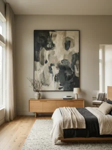 Modern bedroom featuring oversized minimalist charcoal and cream wall art.