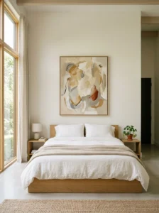 Minimalist bedroom with a single piece of wall art.