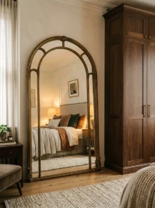 Warm brass accents decorating a romantic bedroom.
