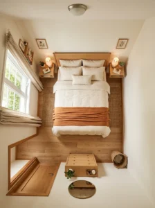 Small bedroom with the bed centered on the longest wall to maximize floor space.