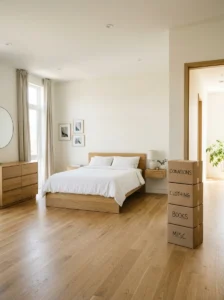Minimalist bedroom after a complete decluttering makeover.