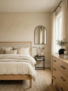 Neutral modern bedroom styled with subtle matte black accents.