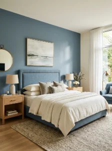 Nancy Meyers bedroom with a muted coastal blue accent wall and warm white bedding.