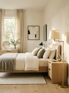 Modern bedroom decorated with subtle brushed brass metallic accents.