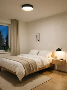 Minimalist bedroom using only essential lighting fixtures.
