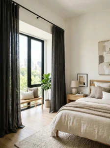 Modern bedroom with floor-to-ceiling charcoal linen curtains.