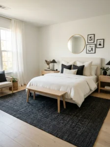 Deep charcoal bedroom rug grounding a light room with white walls and pale wood furniture.