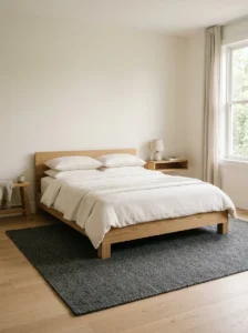 Minimalist bedroom with a solid charcoal area rug.