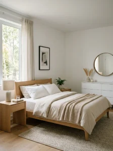 Modern bedroom furnished with simple clean-lined furniture and minimal detailing.