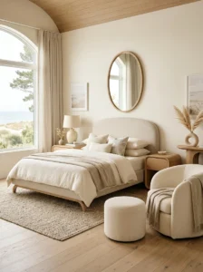 Cozy bedroom featuring rounded furniture, curved chair, and oval mirror.