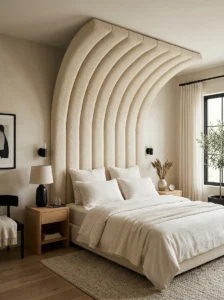 Modern bedroom featuring a curved cream boucle statement headboard.
