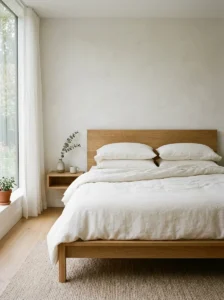 Minimalist bedroom with solid white linen bedding.