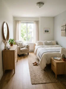 Simplified small bedroom layout with unnecessary furniture removed to create more open space.