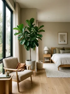 Modern bedroom with a tall fiddle leaf fig adding natural greenery and texture.