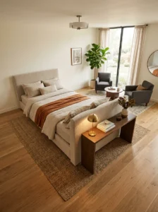 Large bedroom with a floating bed and console table creating separate zones.