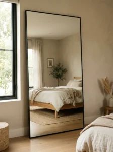 Modern bedroom with a full-length black framed mirror reflecting natural light.