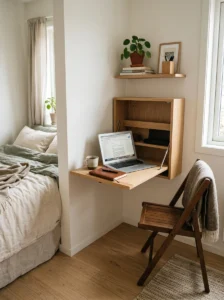 Small bedroom featuring a wall-mounted fold-down desk for occasional work.
