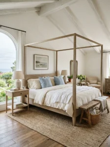 Coastal bedroom featuring a light wood four-poster bed and white linen bedding.