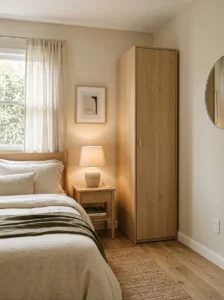 Small bedroom with a slim wardrobe positioned in an unused corner.