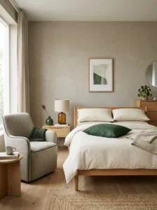 Neutral modern bedroom with restrained forest green accent decor.