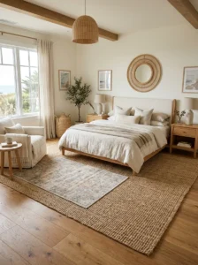 Coastal bedroom with a large natural jute rug layered beneath the bed.