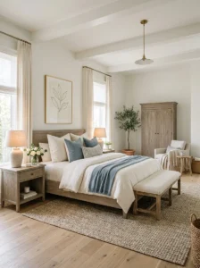 : Complete Nancy Meyers-inspired bedroom with elegant coastal decor and restrained styling.