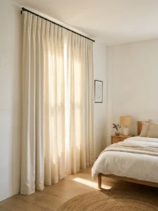 Minimalist bedroom with solid ivory blackout curtains.