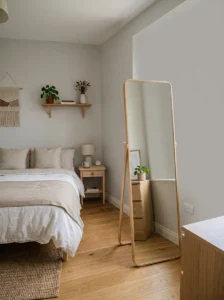 Small bedroom with a large mirror reflecting window light to make the room feel larger.