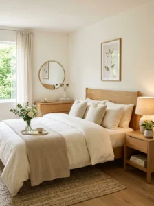 Clean clutter-free romantic bedroom with warm cozy decor.