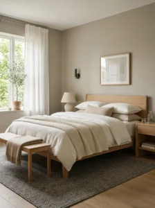 Modern bedroom with warm greige walls, light oak furniture, and a neutral color palette.