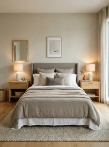 Modern bedroom with matching minimalist nightstands and simple bedside styling.