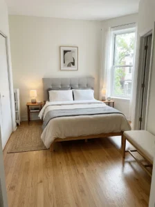 mall bedroom with a bed without a footboard for easier movement.