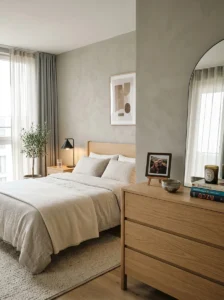 Modern bedroom personalized with a few meaningful accessories without clutter.