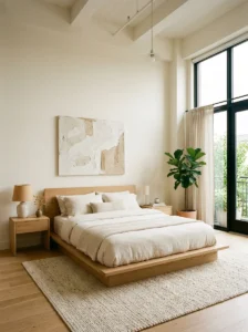 Modern bedroom with a low-profile light oak platform bed.