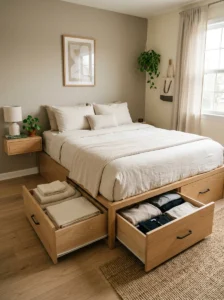 Small bedroom with a platform bed featuring built-in storage drawers.