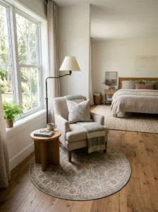 Small round accent rug defining a cozy reading chair area inside a spacious bedroom.