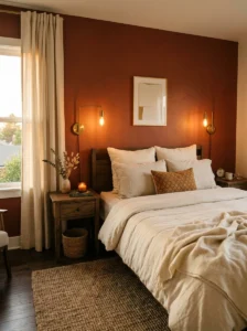 Deep terracotta accent wall creating a cozy bedroom.