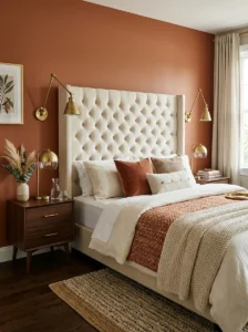 Tufted upholstered headboard creating a romantic focal point.