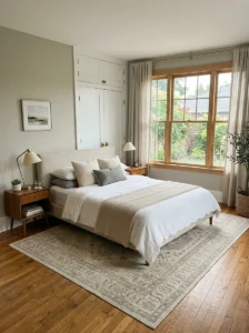 Alt Text: Large area rug centered around an awkwardly positioned bed to create a cohesive bedroom layout.