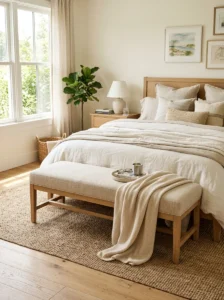 Neutral upholstered bench styled at the foot of a cozy linen bed.