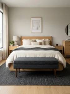 Modern bedroom with a tailored charcoal bench at the foot of the bed.