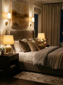 Plush area rug beneath a romantic bedroom bed.