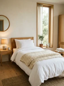 Minimalist bedroom featuring one textured wool throw blanket.