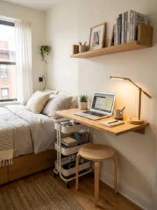 Small bedroom with a wall-mounted floating desk and vertical storage.