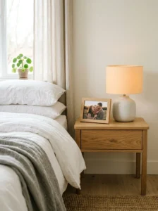Minimalist nightstand with a single framed photograph.