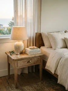 Vintage-style bedroom nightstand with ceramic lamp, books, and simple accessories.