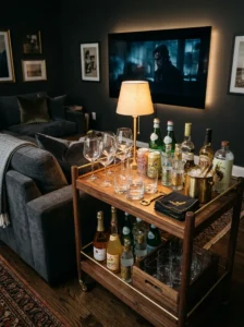 TV room with a compact beverage station positioned near the seating area.