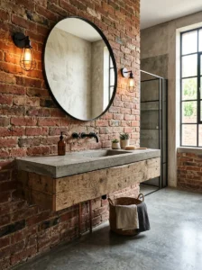 Industrial bathroom with exposed brick accent wall and reclaimed wood vanity.